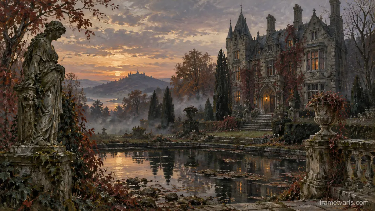Halloween haunted manor in a misty garden – traditional oil painting Samsung Frame TV art, 4K
