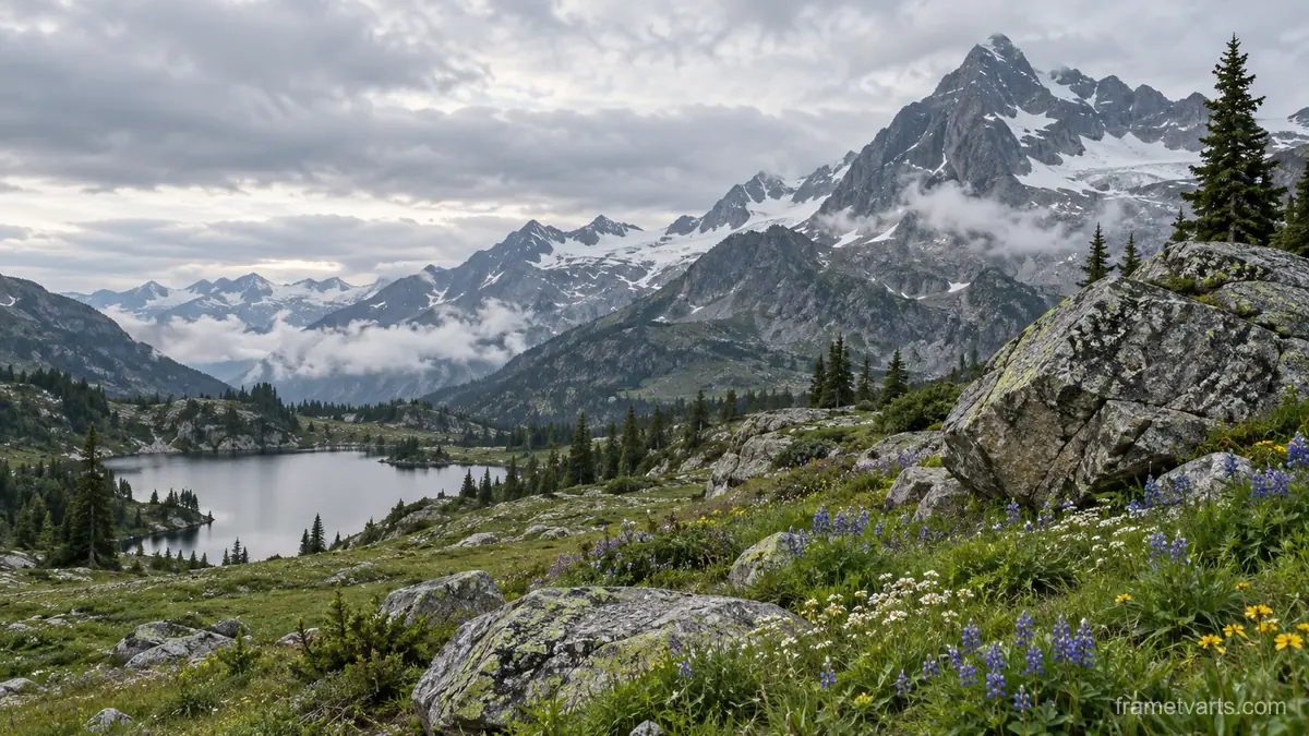 Alpine meadow with scattered boulders – fine-art natural photography Samsung Frame TV art, 4K