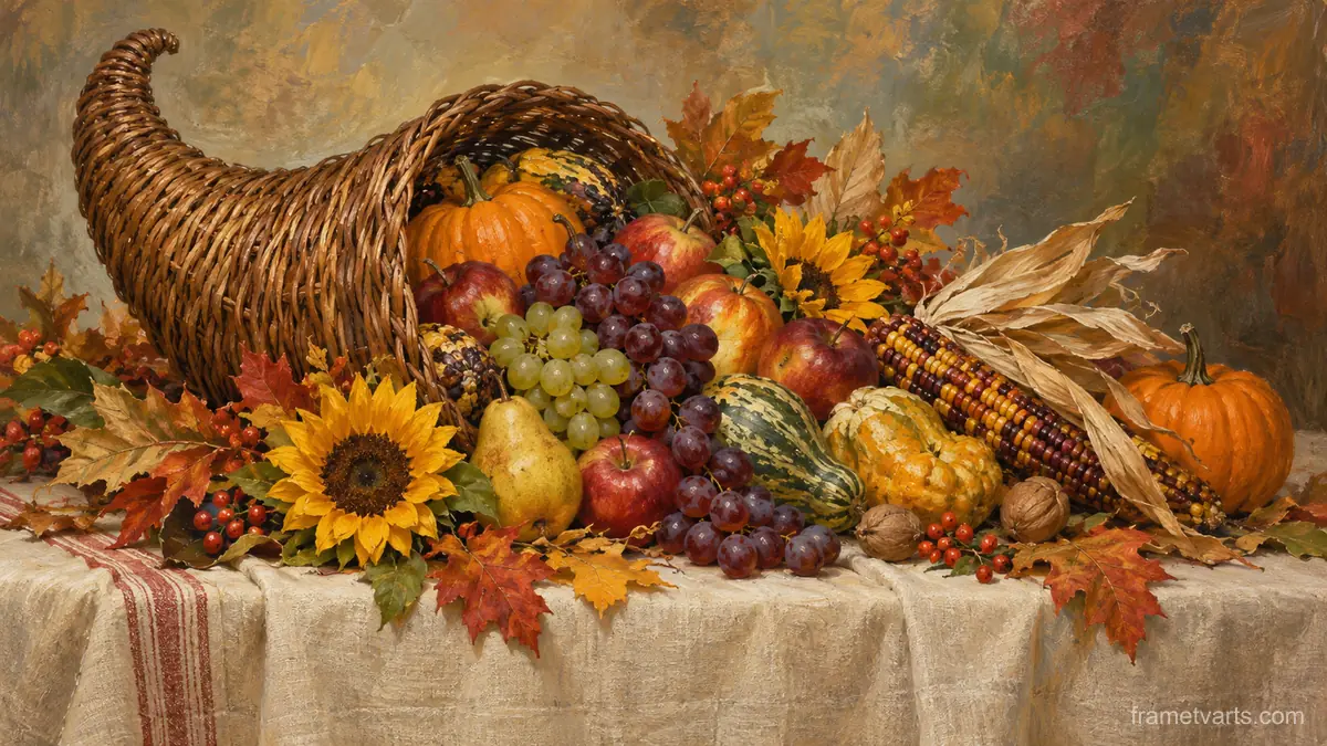 Thanksgiving harvest cornucopia on linen – traditional oil painting Samsung Frame TV art, 4K