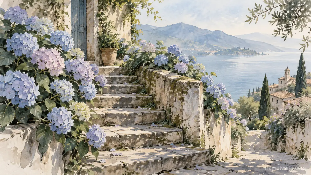 Hydrangeas spilling over weathered garden steps – minimal ink and wash Samsung Frame TV art, 4K