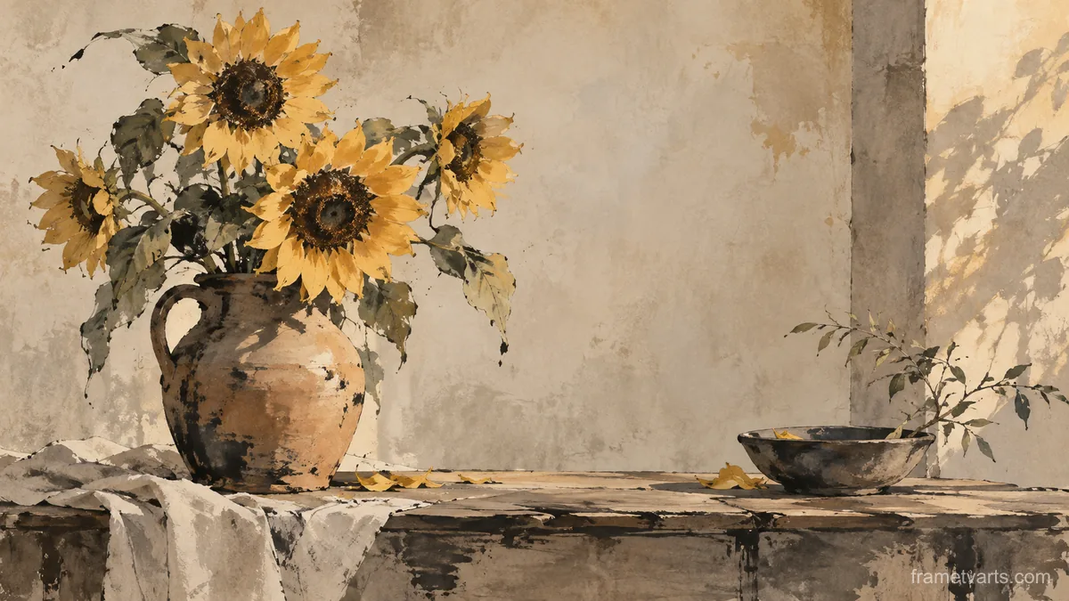 Golden sunflowers in an earthenware jug – minimal ink and wash Samsung Frame TV art, 4K