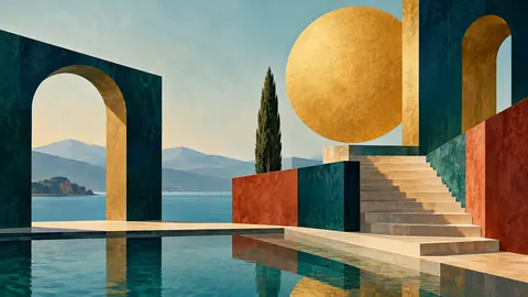 Sunlike disk above abstract architectural steps – jewel-tone geometric modernism Frame TV art