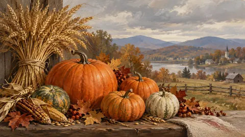 Thanksgiving pumpkin arrangement beside wheat – traditional oil painting Frame TV art