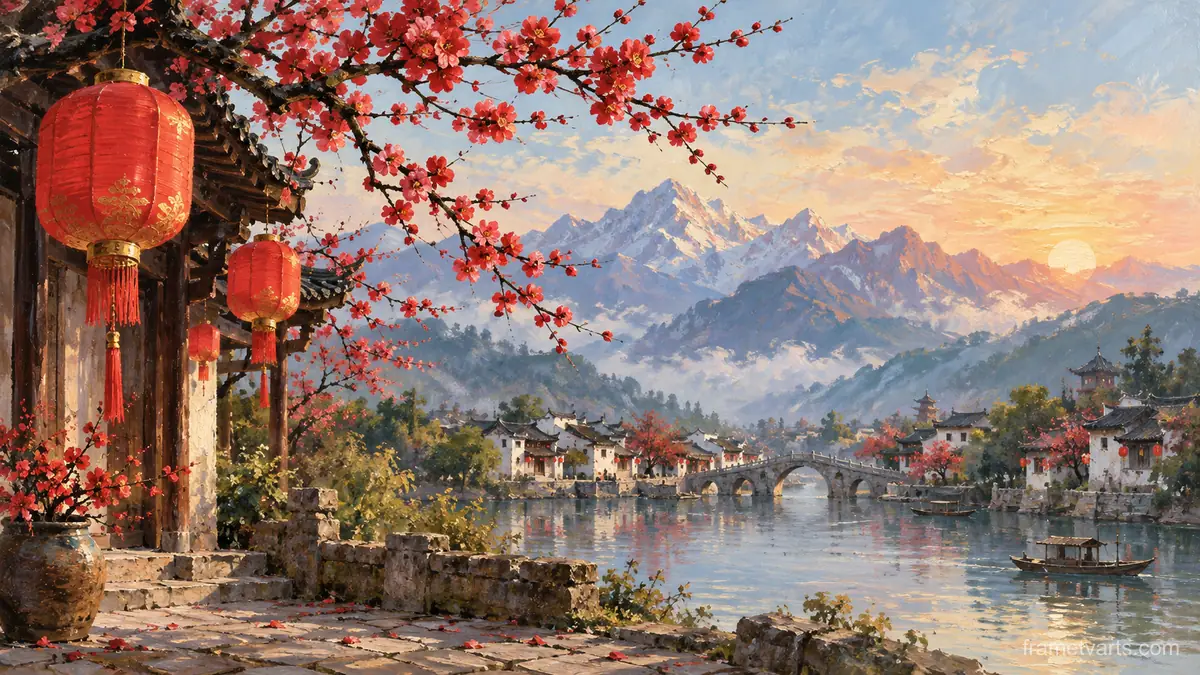 Lunar New Year red lanterns and plum blossoms – traditional oil painting Samsung Frame TV art, 4K