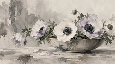 Anemones arranged in a shallow bowl – minimal ink and wash Frame TV art