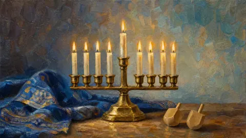 Hanukkah nine-branched hanukkiah with eight candle positions plus a distinct shamash – traditional oil painting Frame TV art