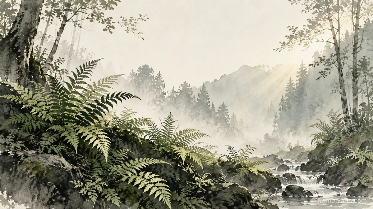Fern fronds in a shaded woodland hollow – minimal ink and wash Samsung Frame TV art, 4K