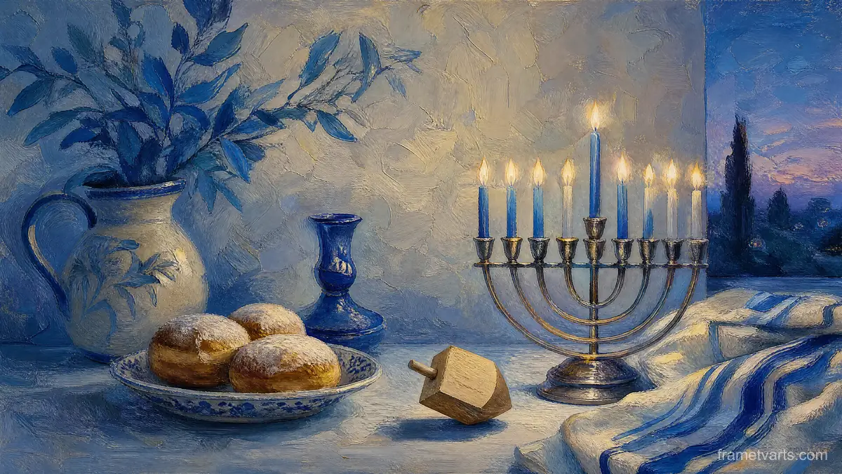 Hanukkah blue-and-white still life with dreidel – traditional oil painting Samsung Frame TV art, 4K