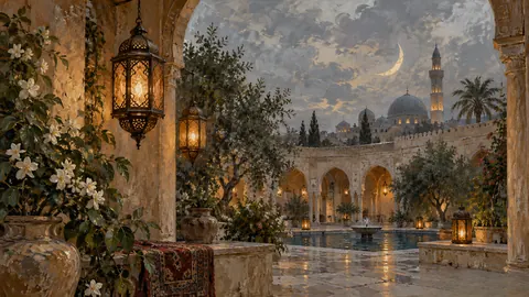 Ramadan lanterns and a crescent above a courtyard – traditional oil painting Frame TV art