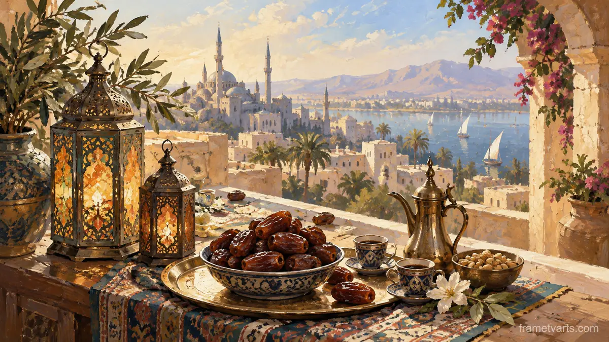 Eid dates and coffee beside decorative lanterns – traditional oil painting Samsung Frame TV art, 4K