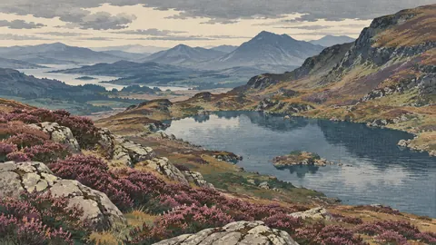 Japanese-inspired Frame TV art – Highland tarn beneath heather slopes, japanese-inspired woodblock print