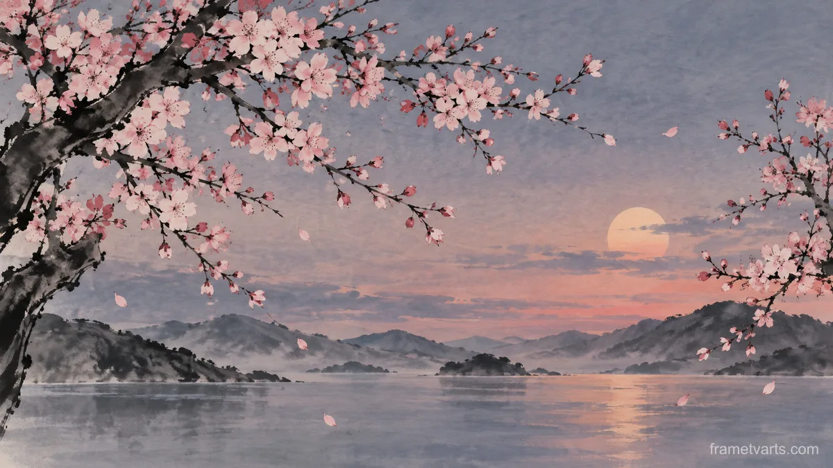 Cherry blossom branches across an open sky – minimal ink and wash Samsung Frame TV art, 4K