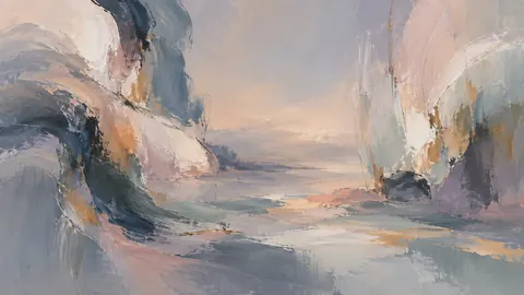 Large gestural brushstrokes around a quiet center – muted pastel organic abstraction Frame TV art