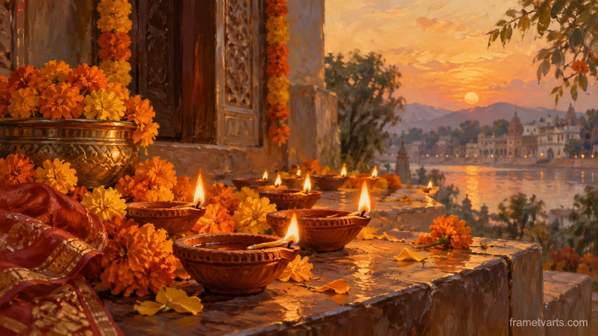 Diwali clay diyas surrounded by marigolds – traditional oil painting Samsung Frame TV art, 4K