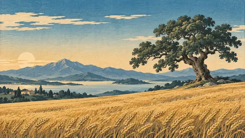 Golden wheat field and lone oak – japanese-inspired woodblock print Frame TV art