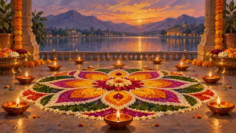 Diwali symmetrical floral rangoli beside oil lamps – traditional oil painting Frame TV art