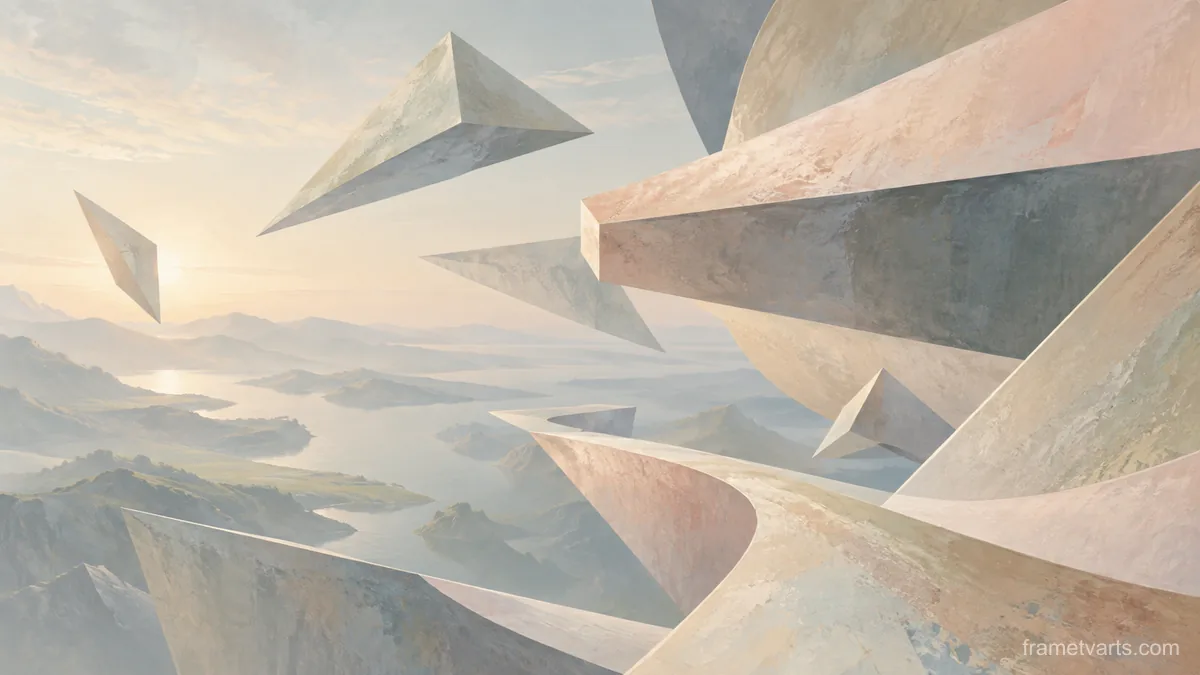Floating angular planes with spatial tension – muted pastel organic abstraction Samsung Frame TV art, 4K