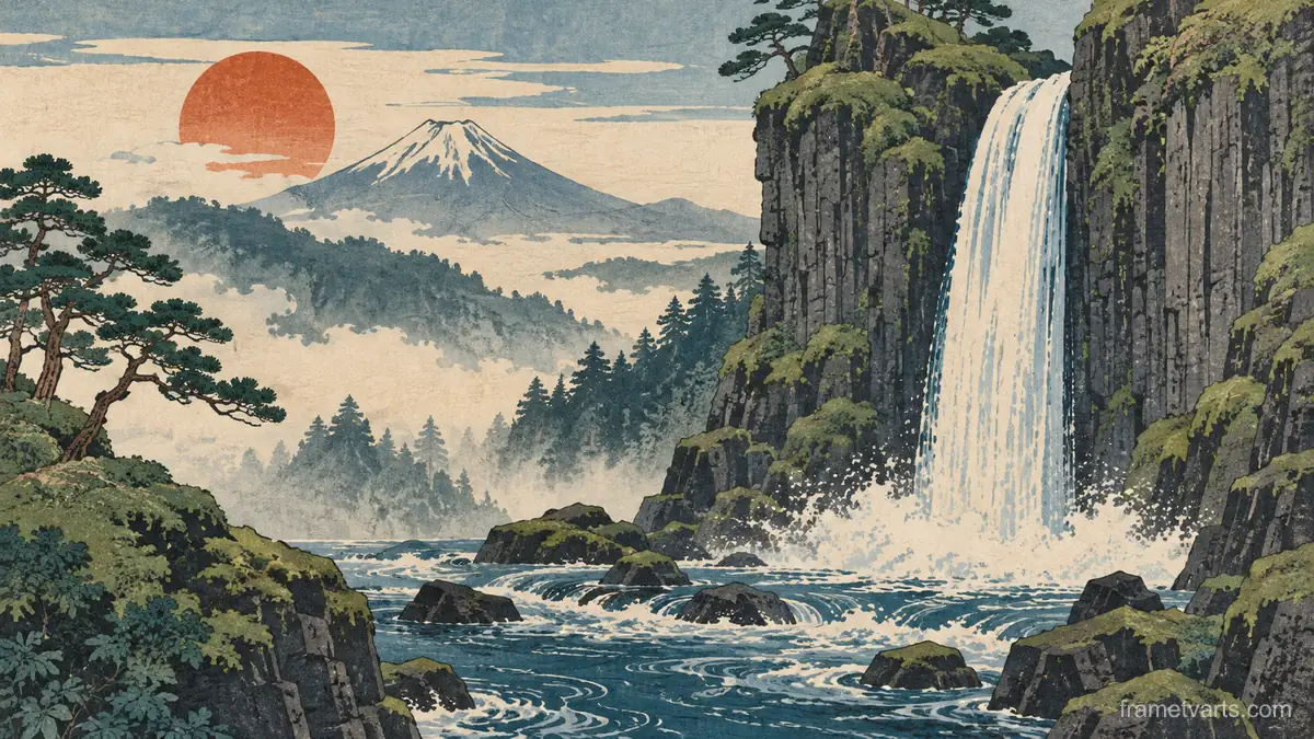 Waterfall between mossy basalt cliffs – japanese-inspired woodblock print Samsung Frame TV art, 4K