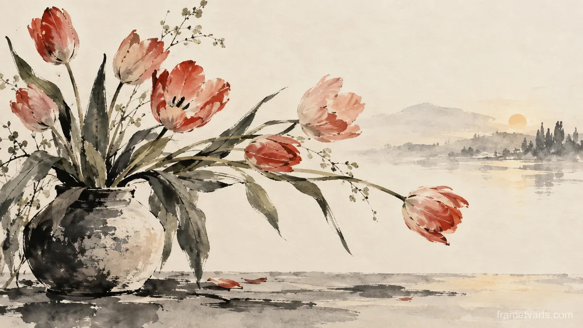 Tulips in an asymmetrical spring arrangement – minimal ink and wash Samsung Frame TV art, 4K