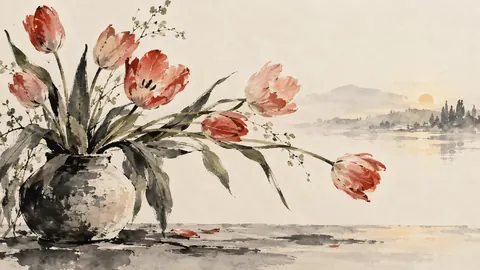 Tulips in an asymmetrical spring arrangement – minimal ink and wash Frame TV art