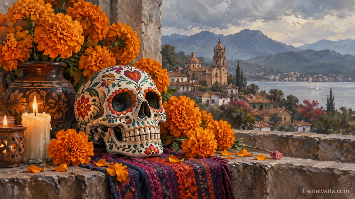 Dia de los Muertos marigolds and an original decorated calavera – traditional oil painting Samsung Frame TV art, 4K