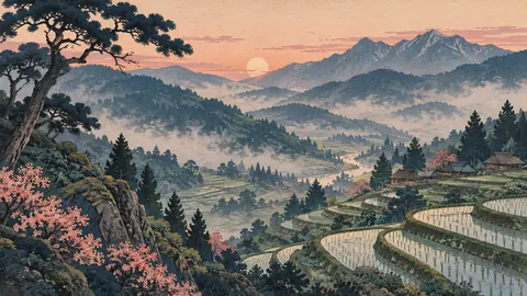 Terraced rice valley in morning mist – japanese-inspired woodblock print Frame TV art