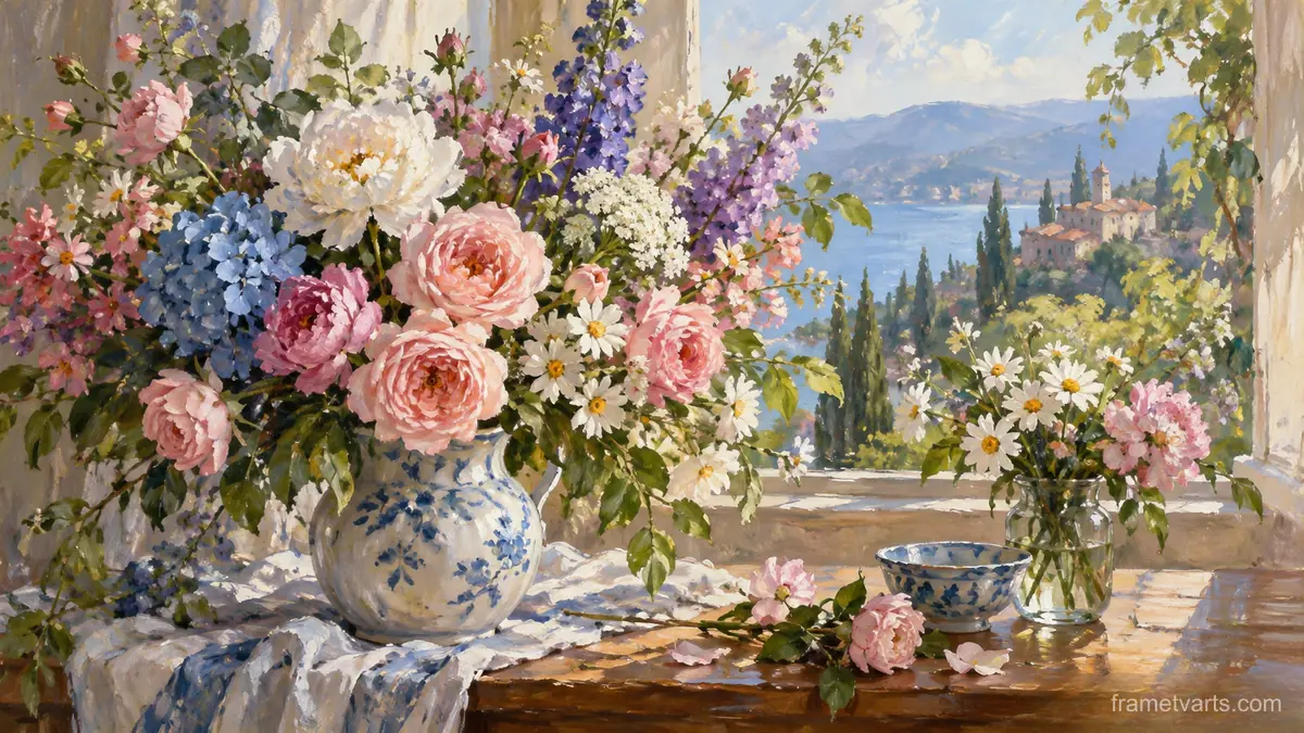 Mother's Day abundant garden bouquet without text – traditional oil painting Samsung Frame TV art, 4K