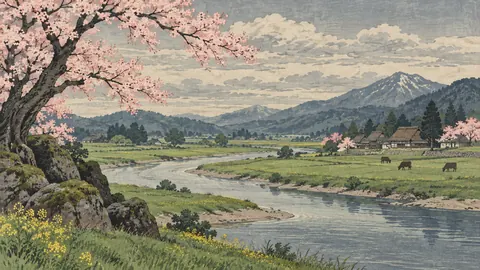 Meandering river through spring pasture – japanese-inspired woodblock print Frame TV art