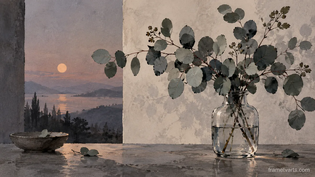 Eucalyptus sprays in a simple glass vessel – minimal ink and wash Samsung Frame TV art, 4K