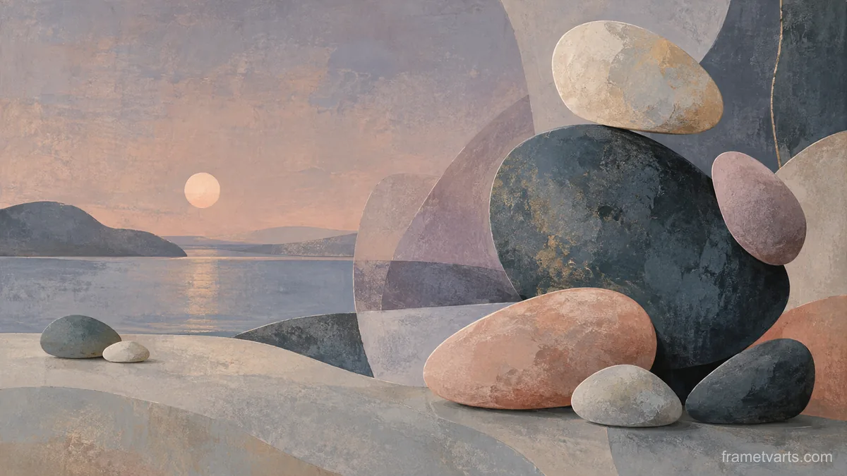 Scattered pebble shapes balanced asymmetrically – muted pastel organic abstraction Samsung Frame TV art, 4K