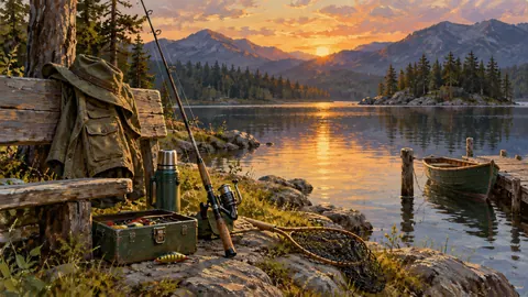 Father's Day fishing equipment beside a quiet lake – traditional oil painting Frame TV art
