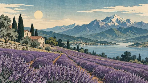 Lavender field beside distant mountains – japanese-inspired woodblock print Frame TV art