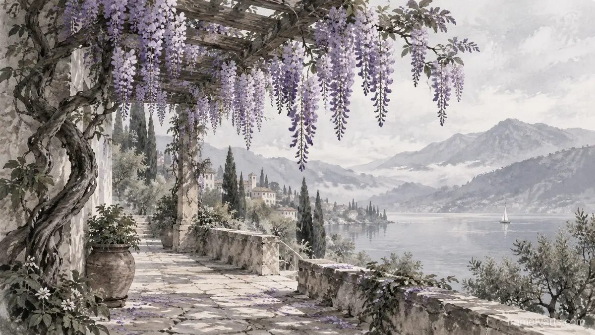 Wisteria cascading from a pergola – minimal ink and wash Samsung Frame TV art, 4K