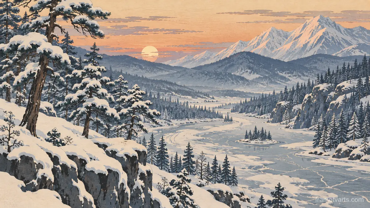 Snow-laden pine forest beside frozen creek – japanese-inspired woodblock print Samsung Frame TV art, 4K