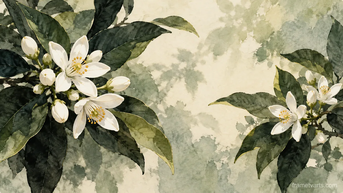 Citrus blossoms among dark green leaves – minimal ink and wash Samsung Frame TV art, 4K