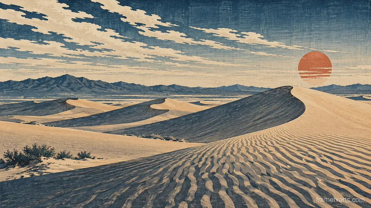 Wind-sculpted sand dunes under high clouds – japanese-inspired woodblock print Samsung Frame TV art, 4K