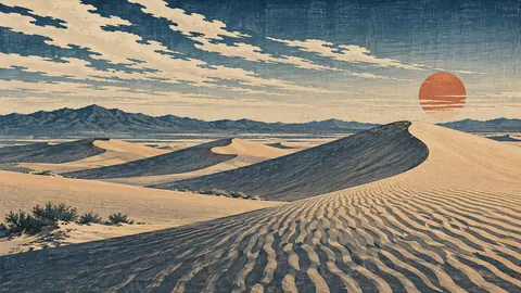 Wind-sculpted sand dunes under high clouds – japanese-inspired woodblock print Frame TV art