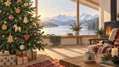 Christmas evergreen with handmade-looking plain ornaments – minimal celebratory illustration Frame TV art