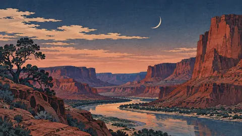Red canyon and a narrow desert river – japanese-inspired woodblock print Frame TV art
