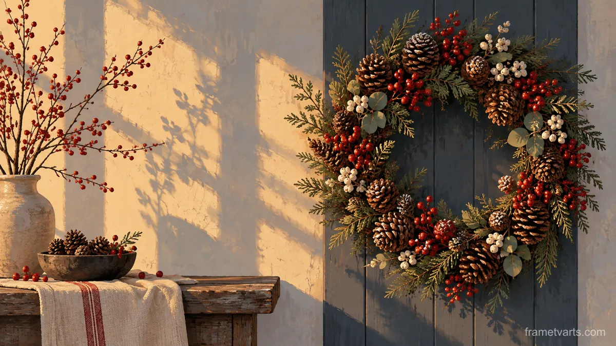 Christmas wreath of pine cones and winter berries – minimal celebratory illustration Samsung Frame TV art, 4K