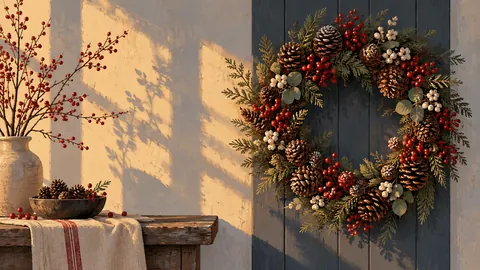 Christmas wreath of pine cones and winter berries – minimal celebratory illustration Frame TV art