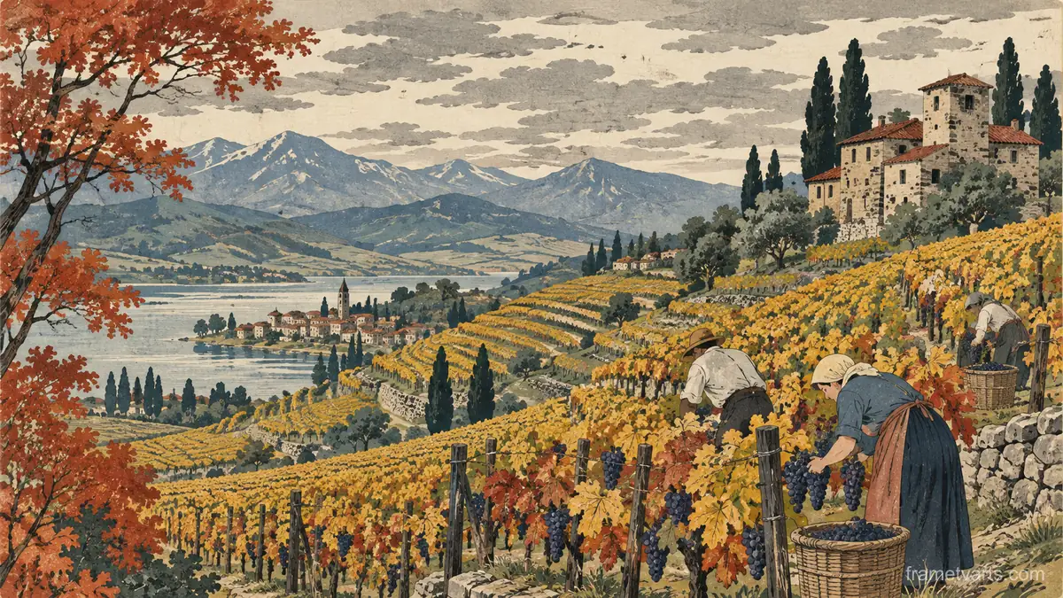 Rolling vineyard hills at harvest – japanese-inspired woodblock print Samsung Frame TV art, 4K