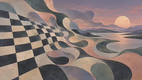Bold checkerboard dissolving into organic shapes – muted pastel organic abstraction Frame TV art