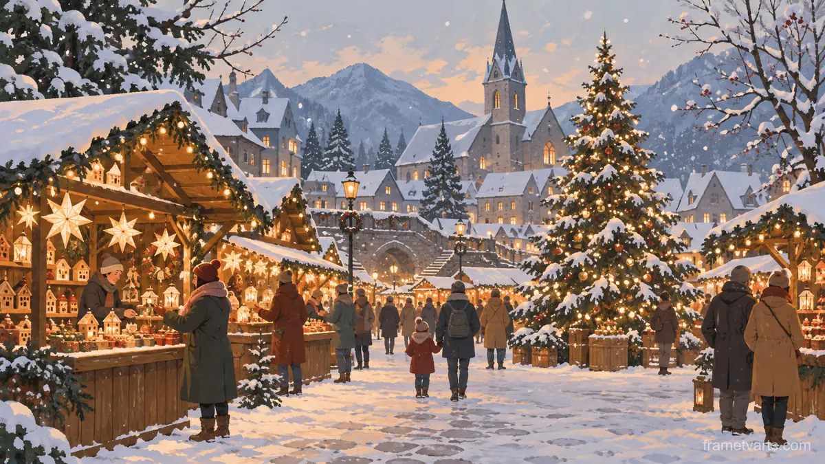 Snowy Christmas market without signs – minimal celebratory illustration Samsung Frame TV art, 4K