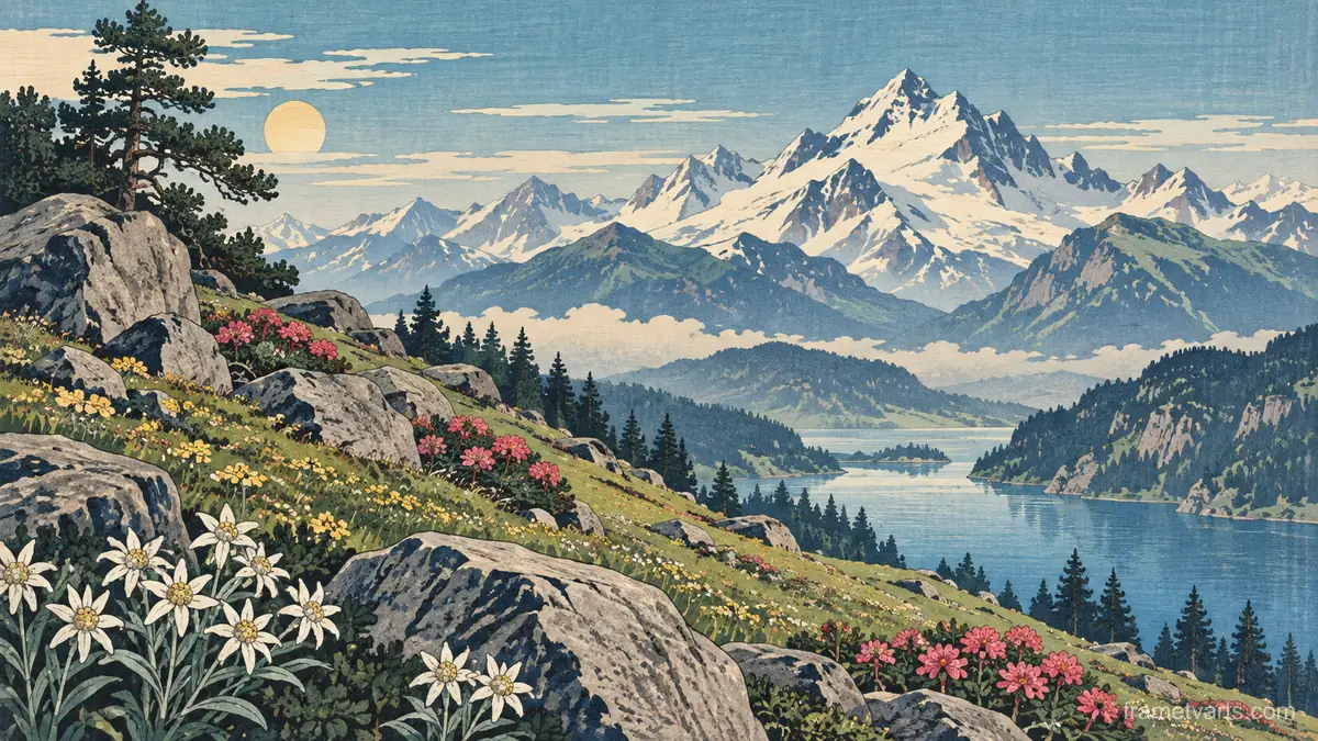 Alpine meadow with scattered boulders – japanese-inspired woodblock print Samsung Frame TV art, 4K