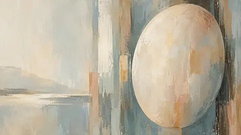 Large quiet oval offset against vertical strokes – muted pastel organic abstraction Frame TV art