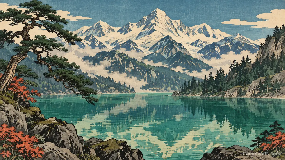 Emerald lake below snow peaks – japanese-inspired woodblock print Samsung Frame TV art, 4K