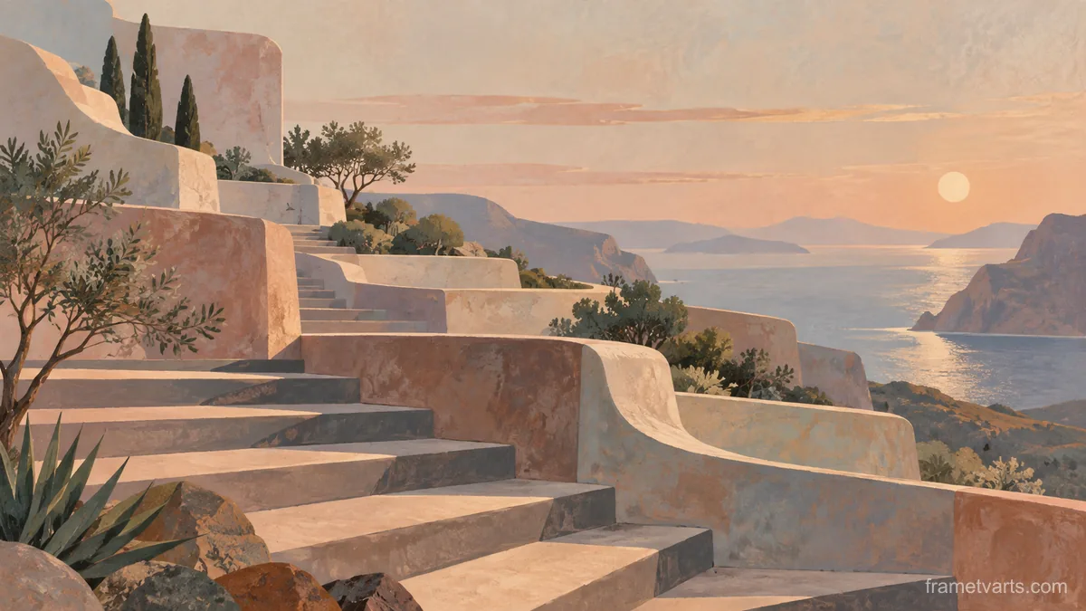 Terraced stepped forms with recessed shadows – muted pastel organic abstraction Samsung Frame TV art, 4K