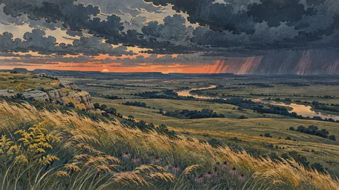 Prairie grass rippling beneath storm clouds – japanese-inspired woodblock print Frame TV art