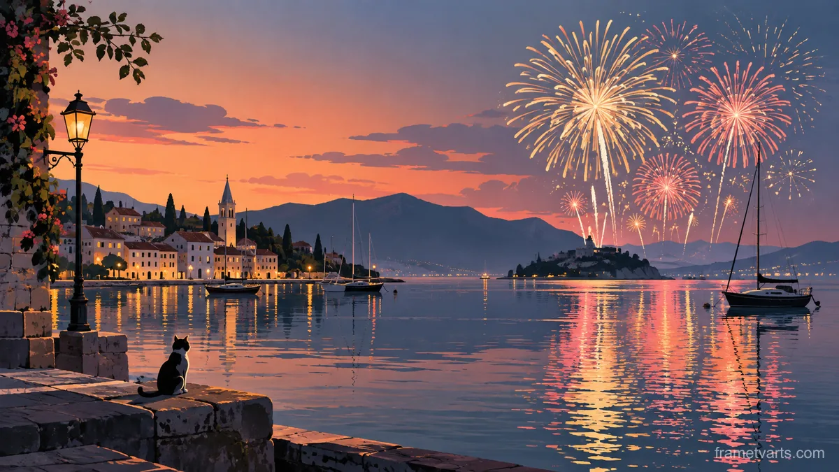 New Year fireworks reflected across a quiet harbor – minimal celebratory illustration Samsung Frame TV art, 4K